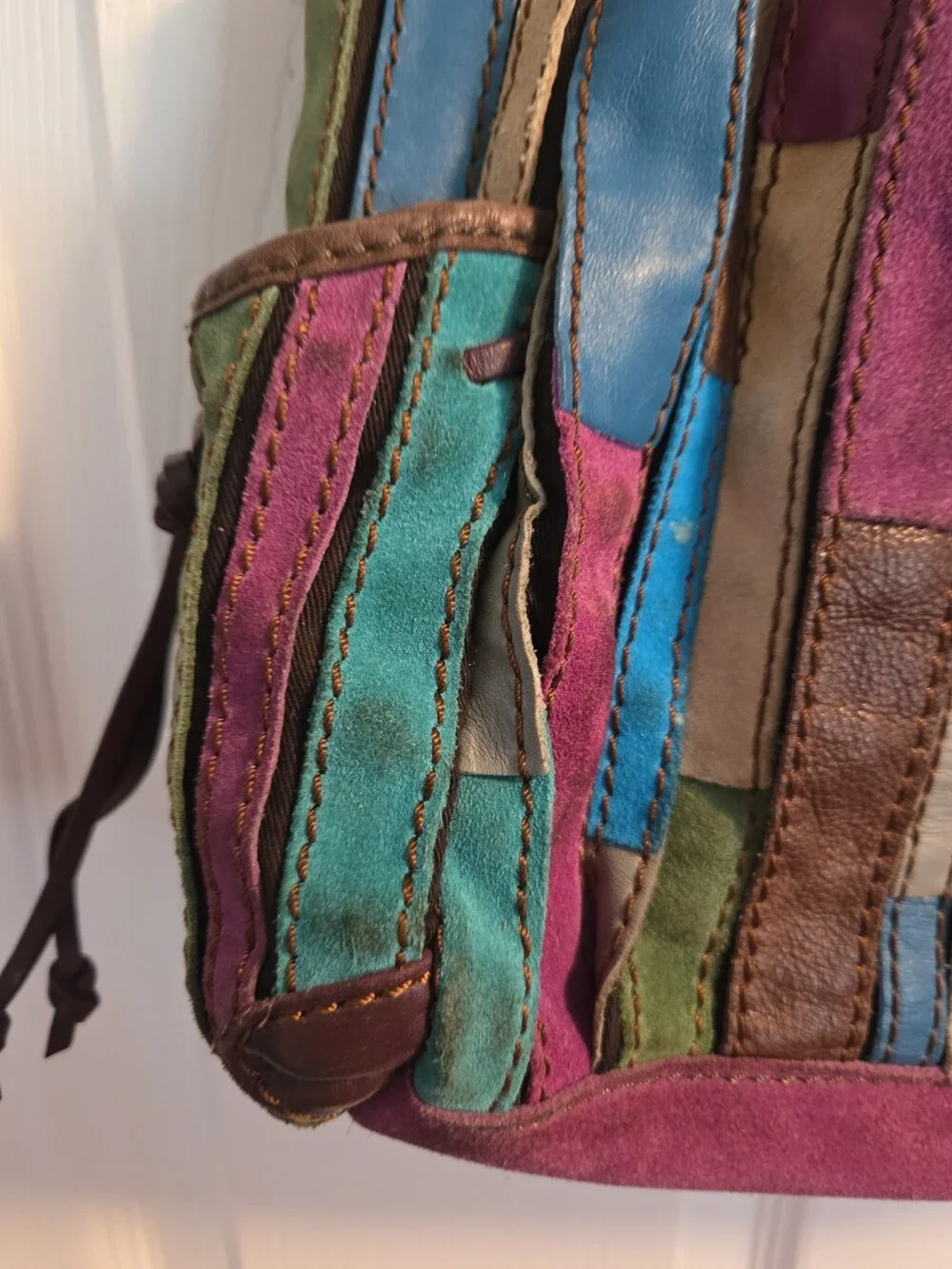 Lucky Brand Leather Hobo Tote Brown Blue Pink Patchwork - Used
